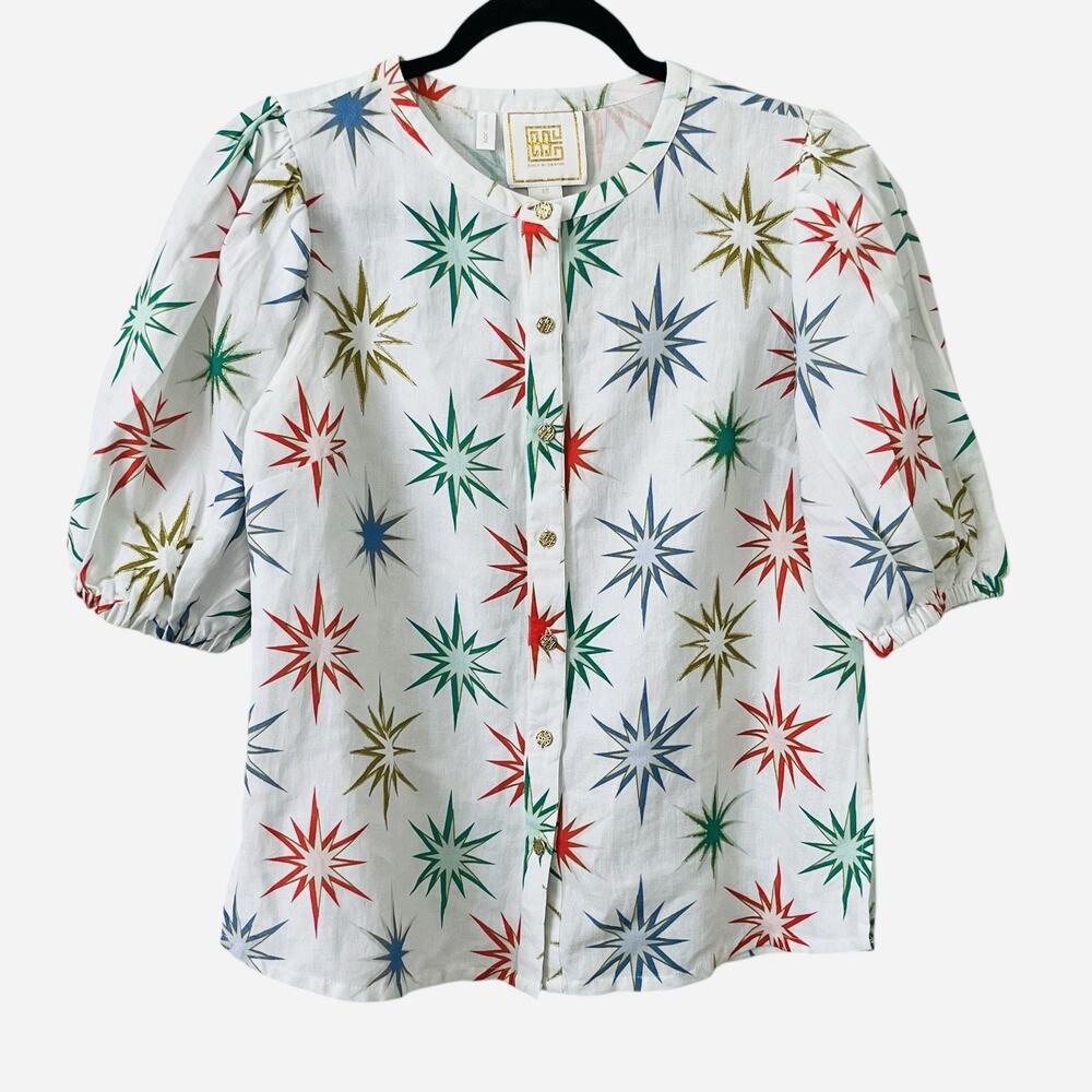 Emily McCarthy Top Women’s Size XS Button Front Colorful Burst Linen Puff Sleeve